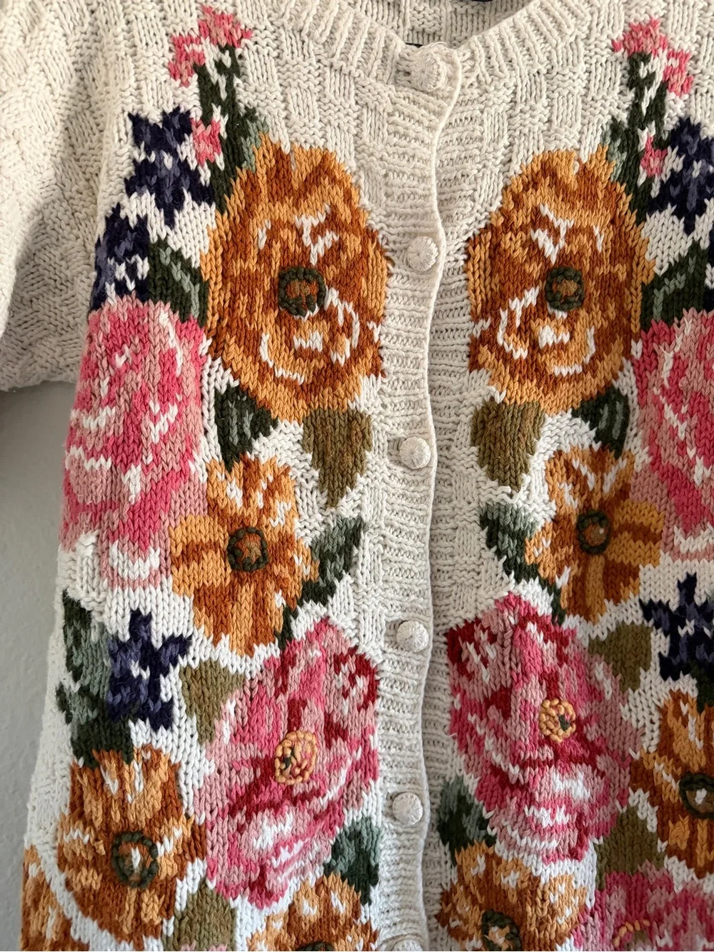 Vintage The Eagles Eyes Hand Knit Cardigan Cotton Floral Cottage Core Grandma